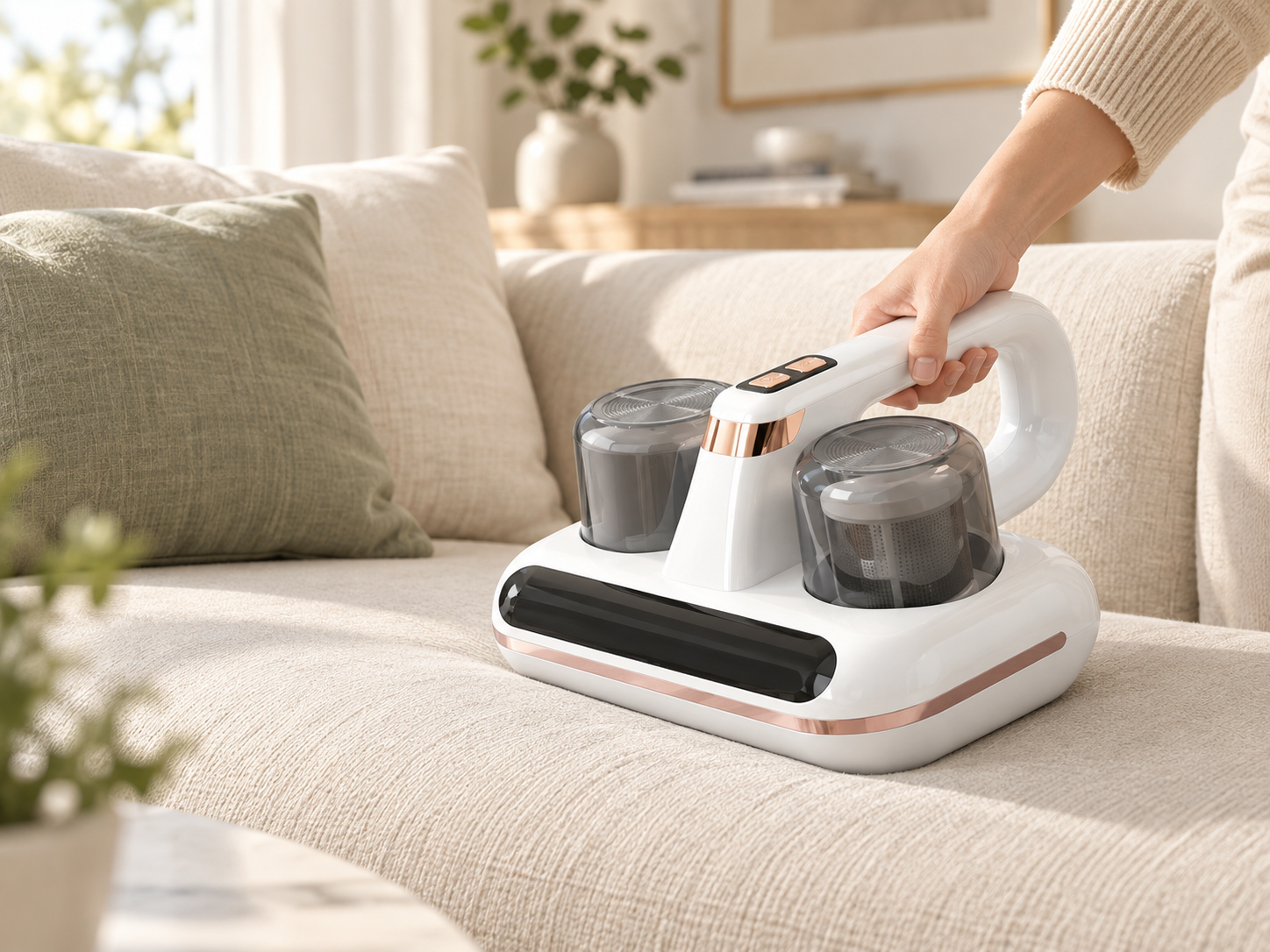 Lifestyle view of the Nuvora mattress and upholstery vacuum on a sofa