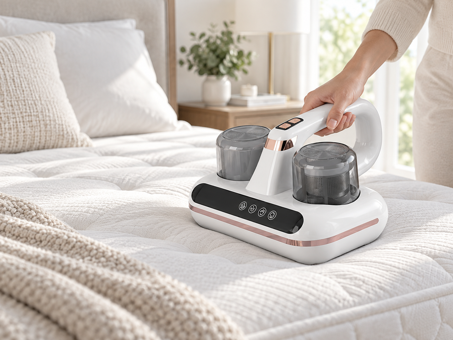 Lifestyle view of the Nuvora mattress and upholstery vacuum being used on a mattress